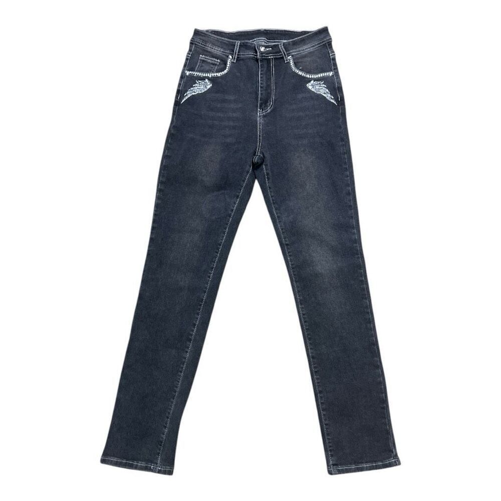 Women Grey Skull Wings Rhinestone Embroidered Stretch Denim Straight Jeans M - Picture 5 of 10